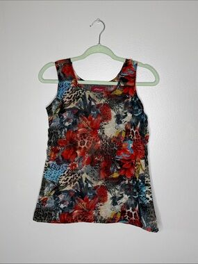 Athena Red Multi Floral & Animal Print Tank Semi Sheer Size Small